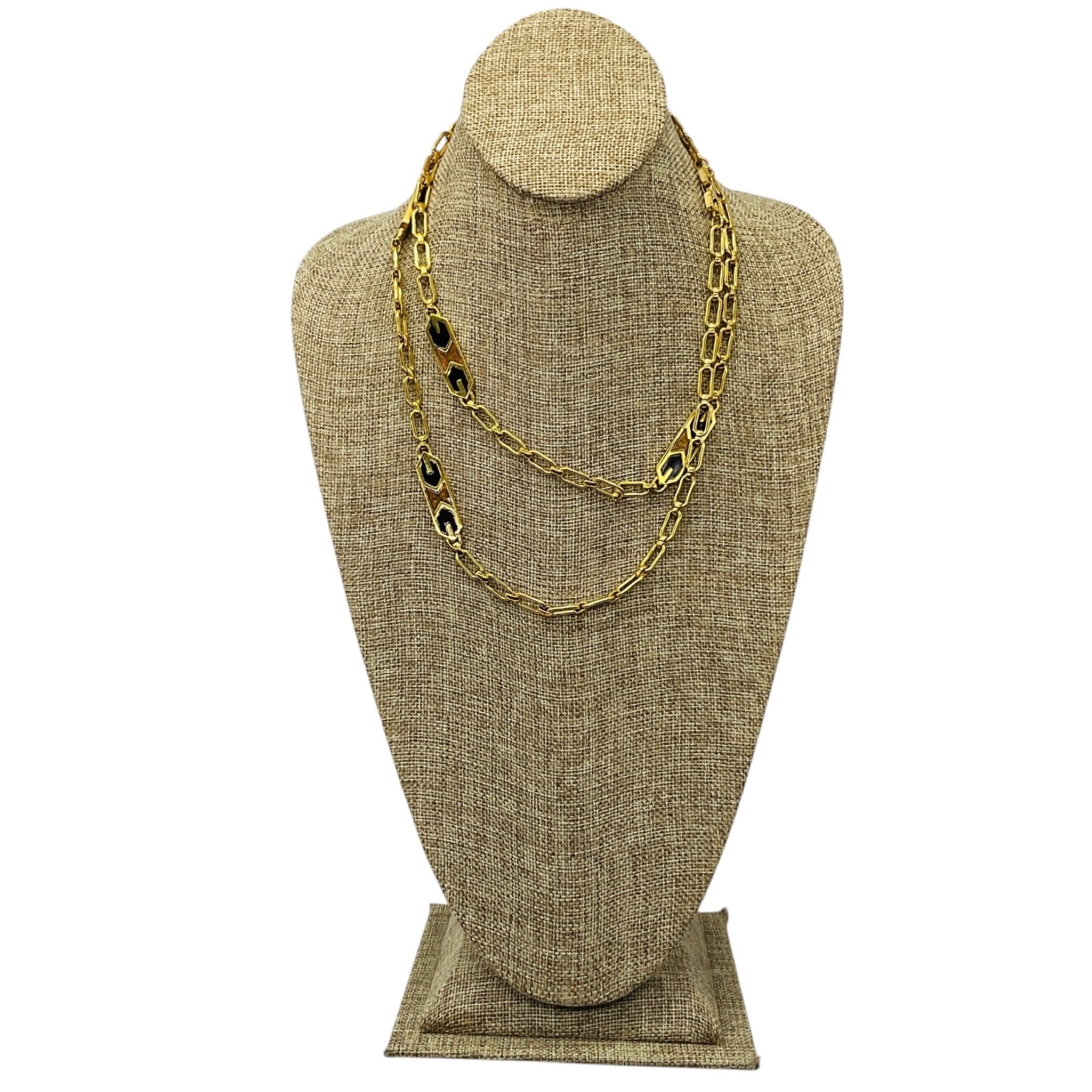 Givenchy Vintage Black / Brown GG Logo Enamel and Gold-tone Chain Sautoir Necklace
