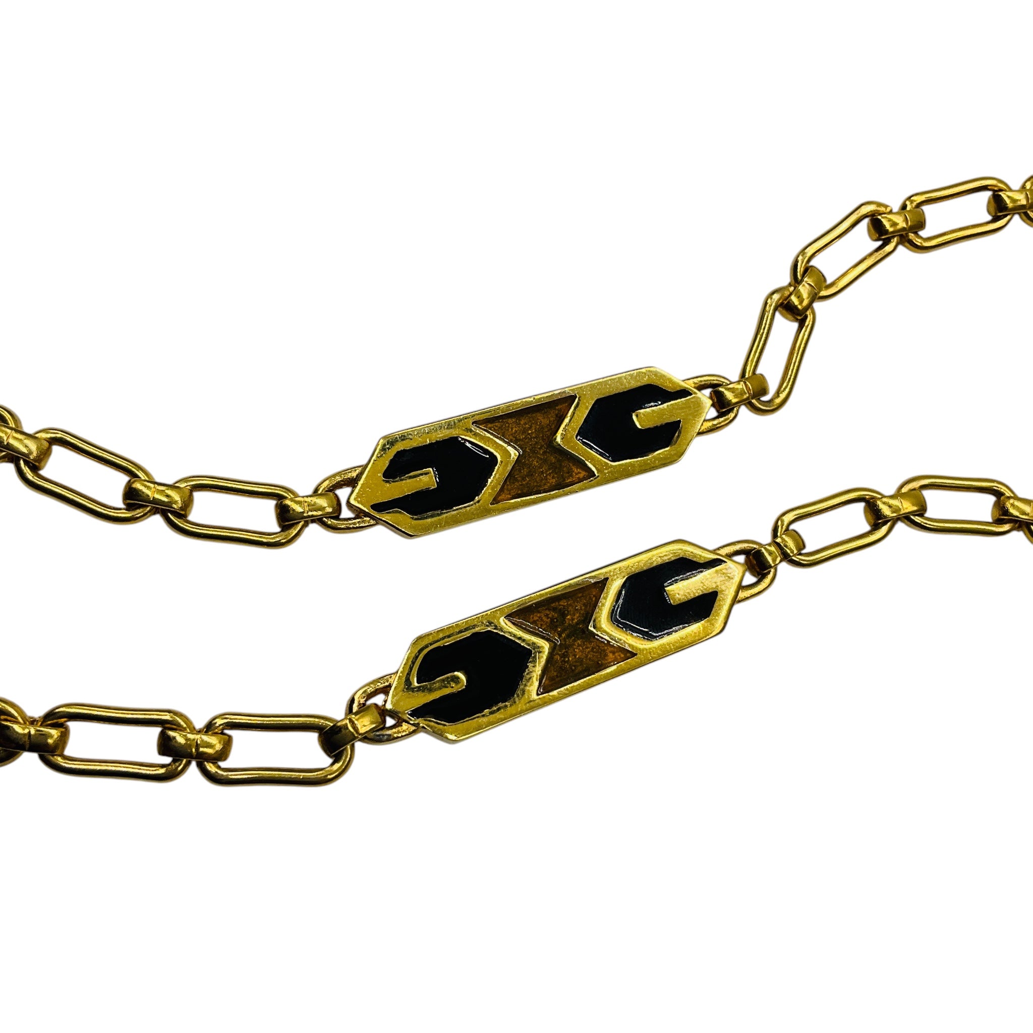 Givenchy Vintage Black / Brown GG Logo Enamel and Gold-tone Chain Sautoir Necklace