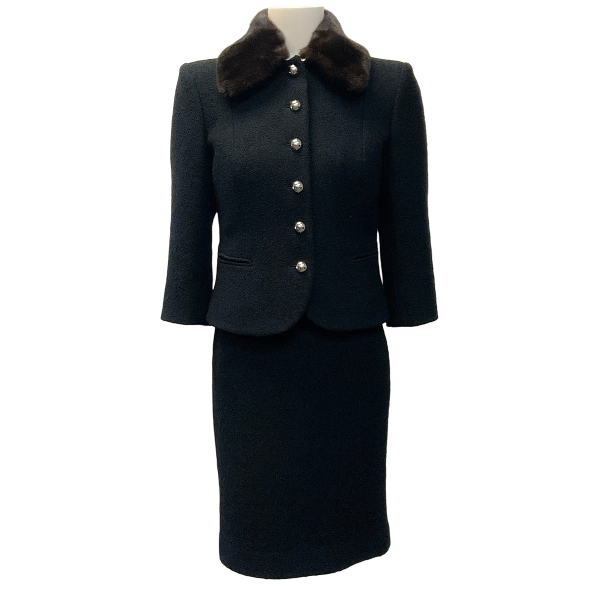 Michael Kors Collection Black Boucle Suit with Removable Mink Collar
