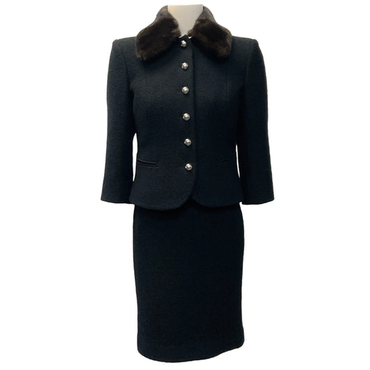 Michael Kors Collection Black Boucle Suit with Removable Mink Collar
