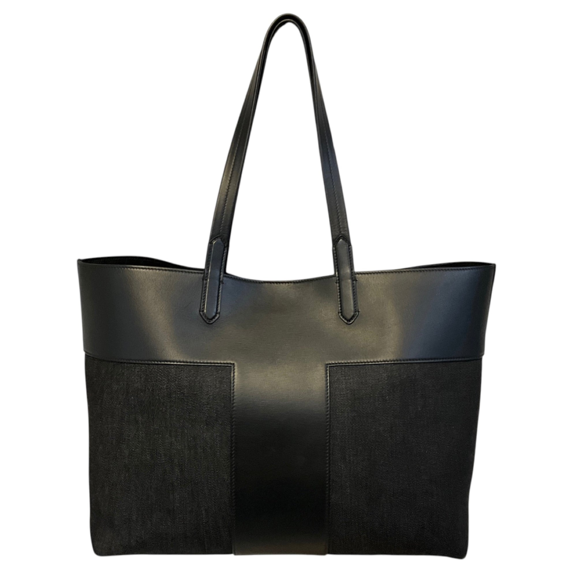 Tod's Black Denim and Leather Double Top Handle Tote Handbag