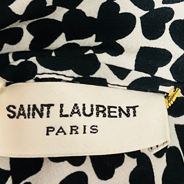 Saint Laurent Black / White Heart Print Short Sleeved Silk Blouse
