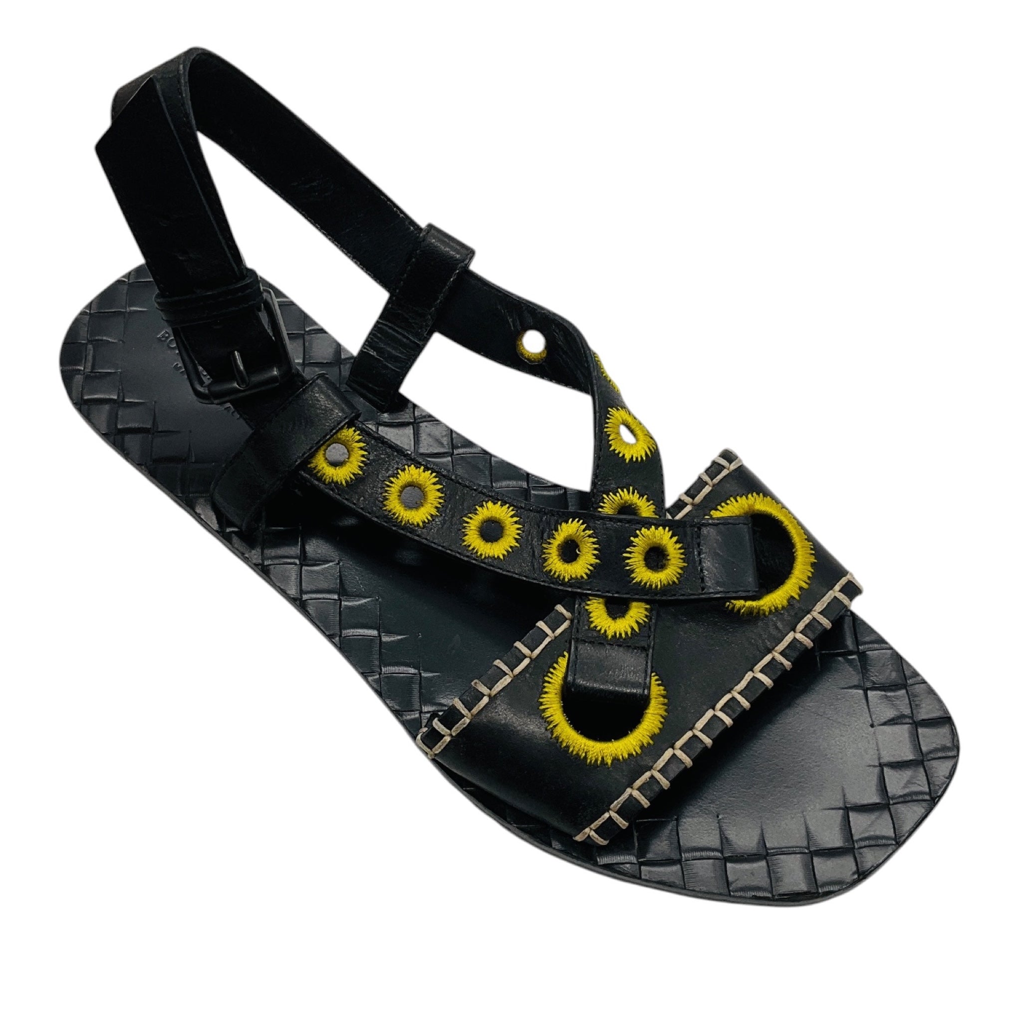Bottega Veneta Black / Yellow Embroidered Leather Flat Sandals