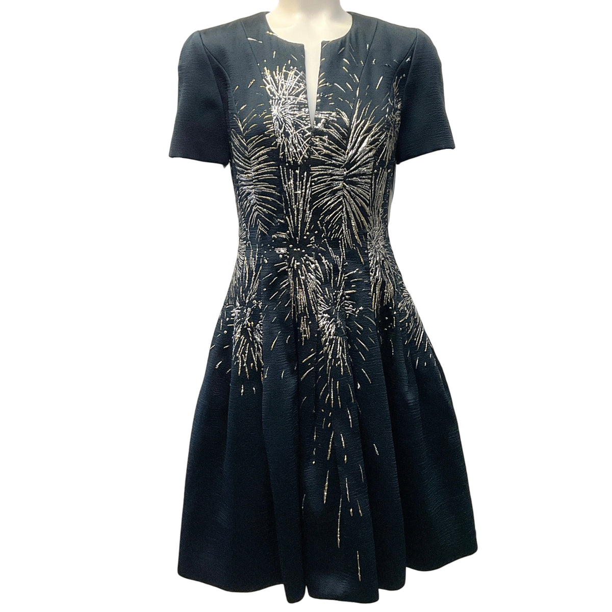 Oscar de la Renta Navy Blue Pleated Metallic Jacquard Dress with Gold Firework Embellishments

