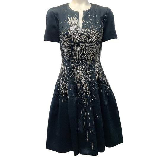 Oscar de la Renta Navy Blue Pleated Metallic Jacquard Dress with Gold Firework Embellishments
