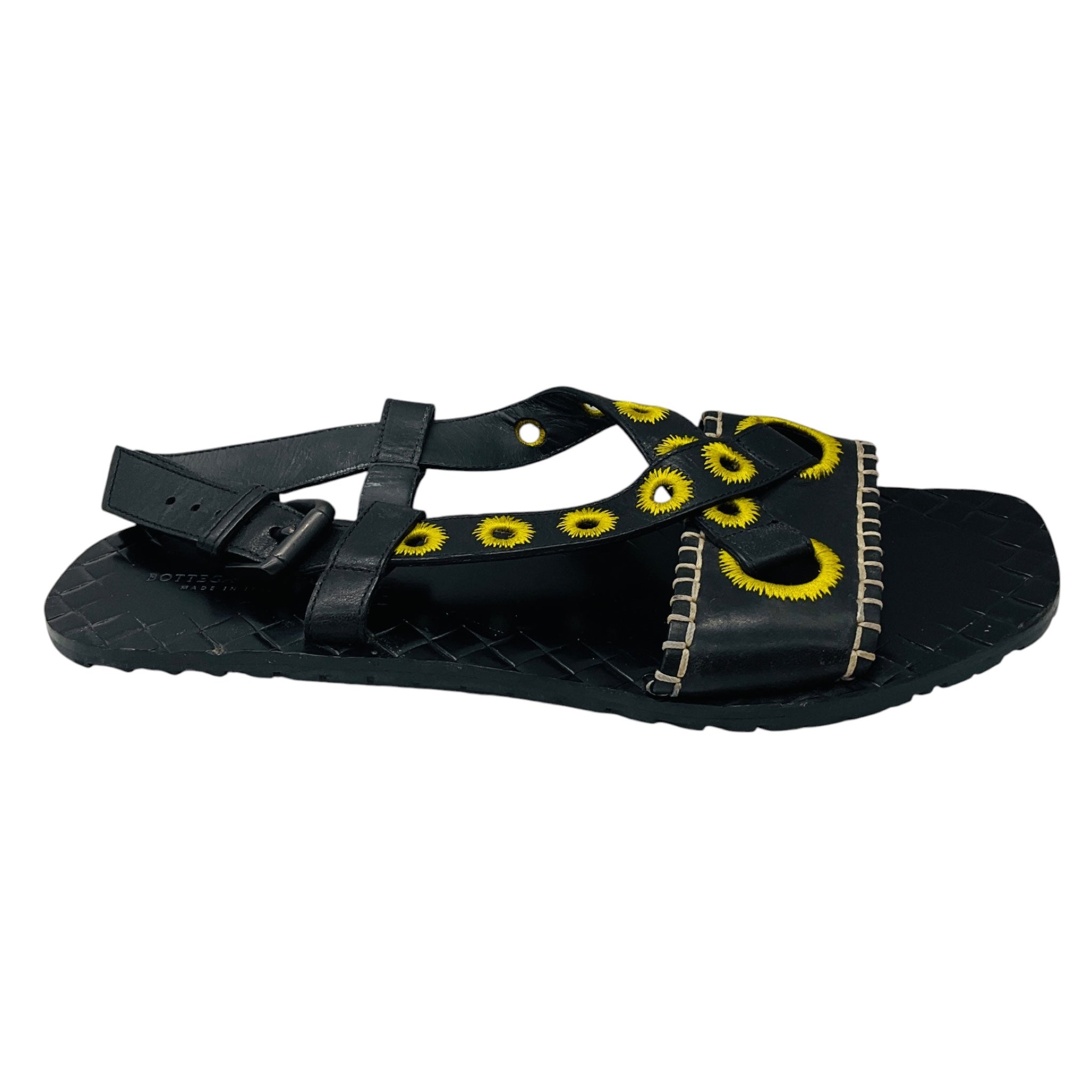 Bottega Veneta Black / Yellow Embroidered Leather Flat Sandals