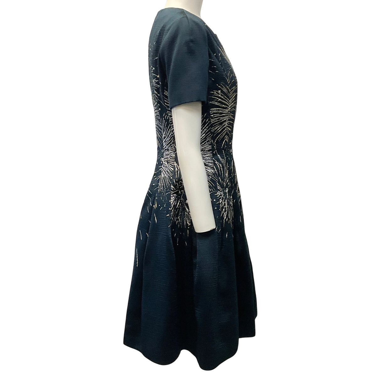 Oscar de la Renta Navy Blue Pleated Metallic Jacquard Dress with Gold Firework Embellishments