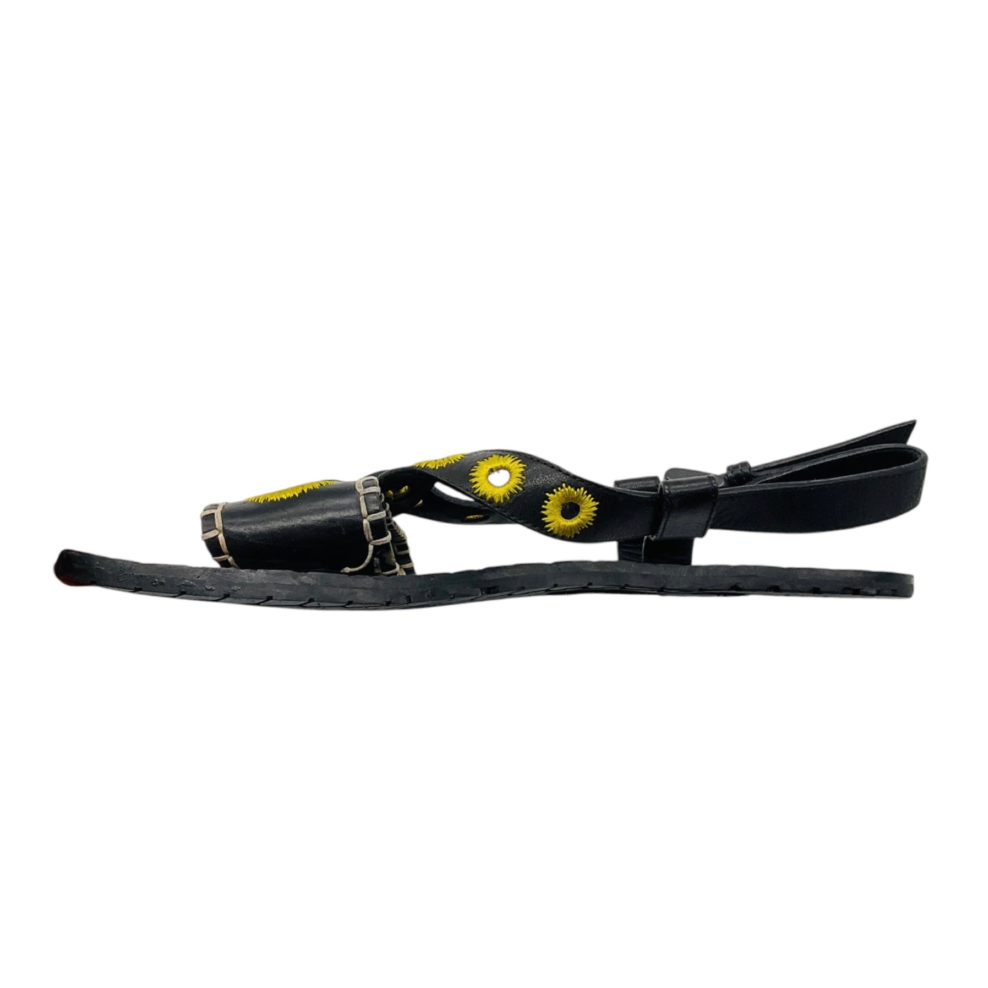 Bottega Veneta Black / Yellow Embroidered Leather Flat Sandals