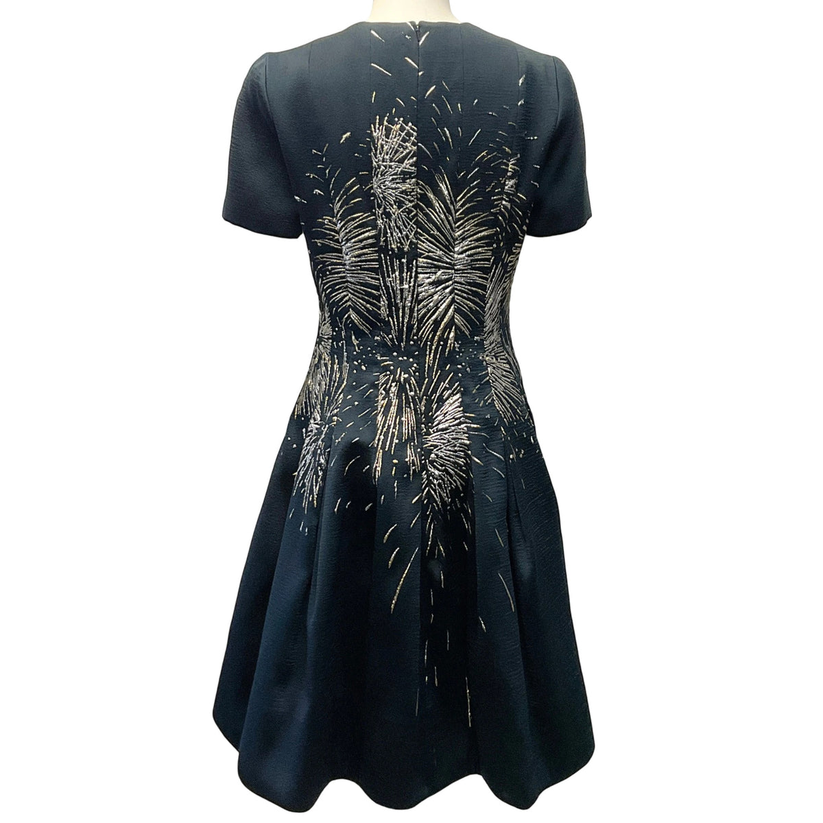 Oscar de la Renta Navy Blue Pleated Metallic Jacquard Dress with Gold Firework Embellishments