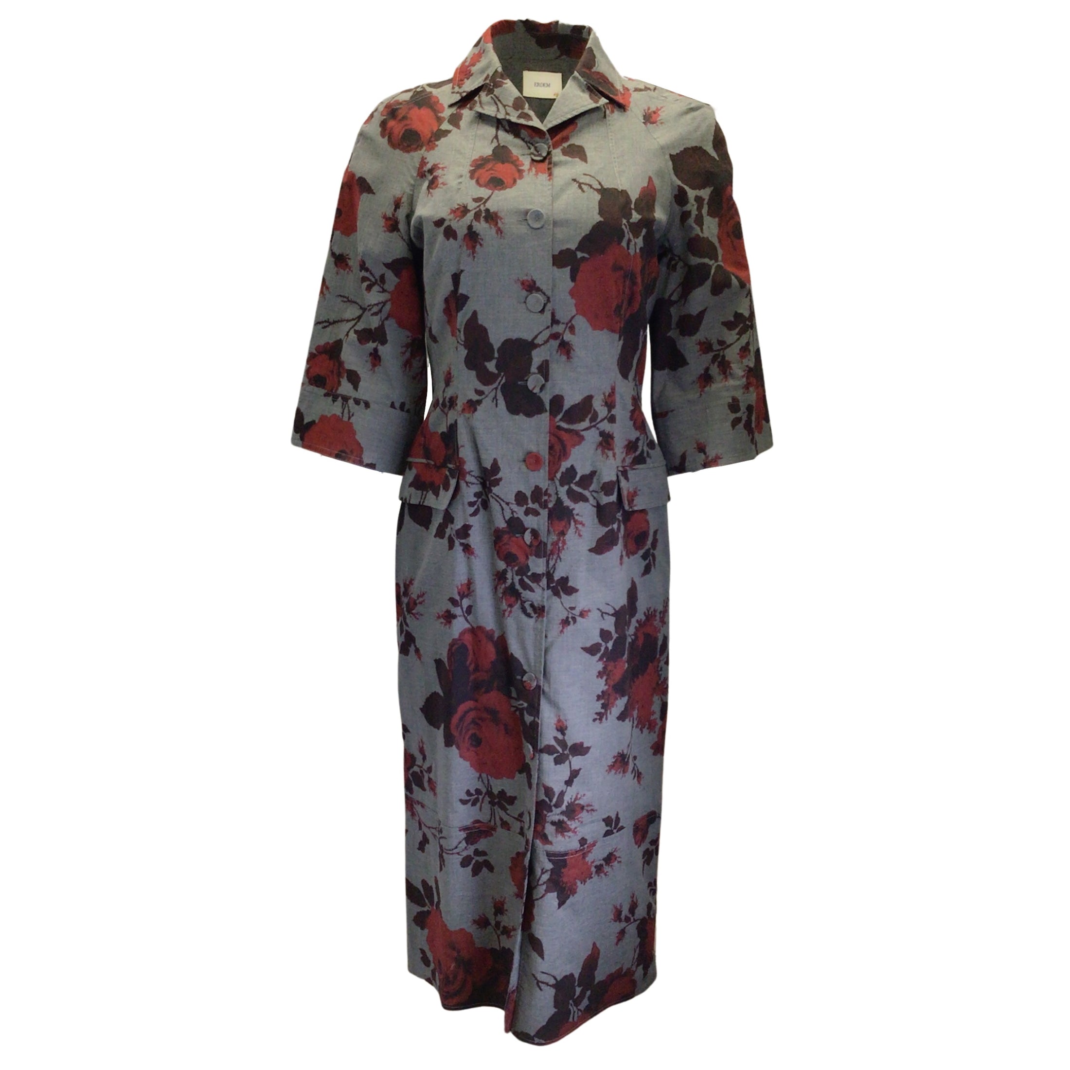 Erdem Dalia Grey / Red Floral Printed Button-down Cotton Midi Dress