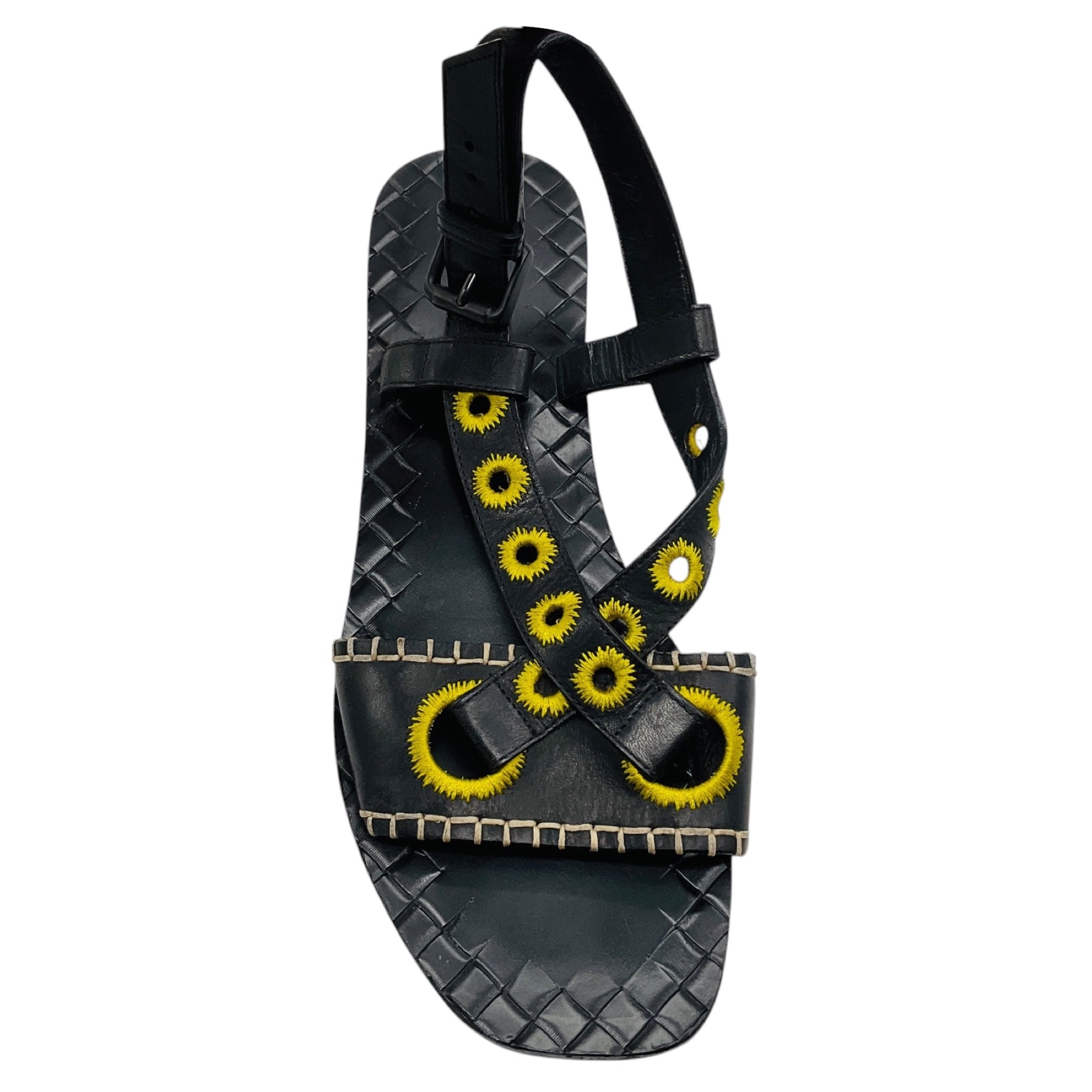 Bottega Veneta Black / Yellow Embroidered Leather Flat Sandals