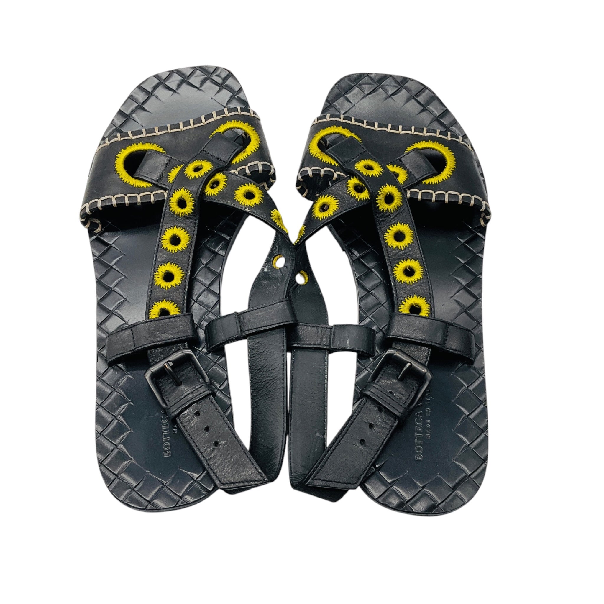 Bottega Veneta Black / Yellow Embroidered Leather Flat Sandals