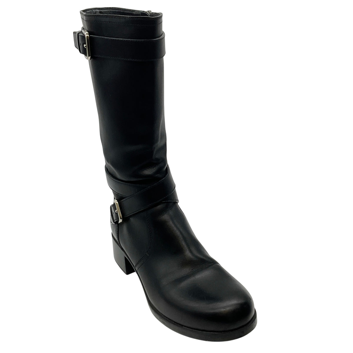 Prada Black Leather Belted Moto Boots
