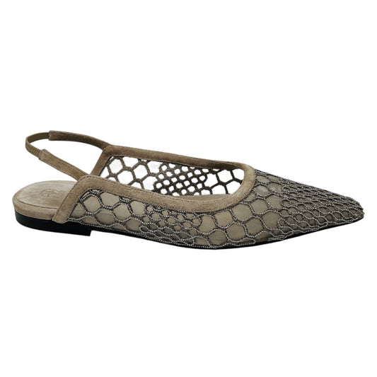 Brunello Cucinelli Taupe Monili Bead Embellished Mesh and Suede Slingback Flats