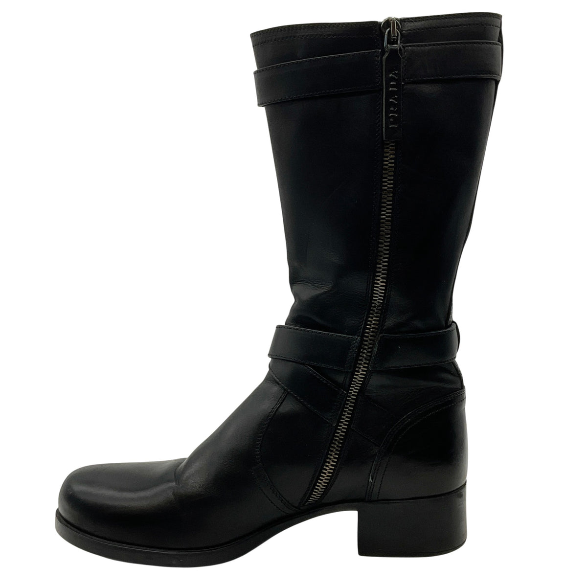 Prada Black Leather Belted Moto Boots