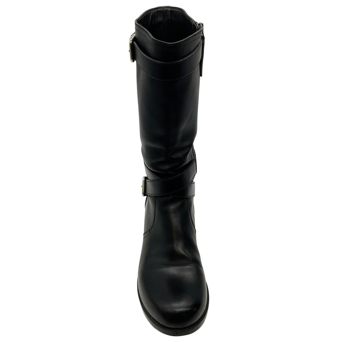 Prada Black Leather Belted Moto Boots