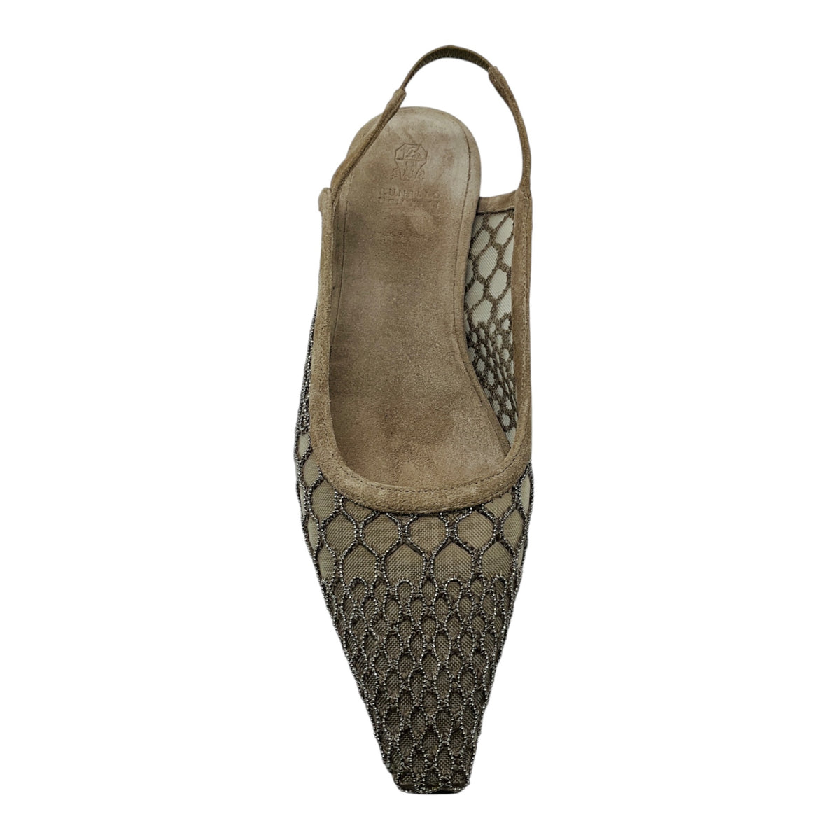 Brunello Cucinelli Taupe Monili Bead Embellished Mesh and Suede Slingback Flats