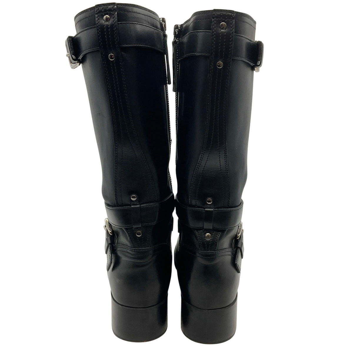 Prada Black Leather Belted Moto Boots
