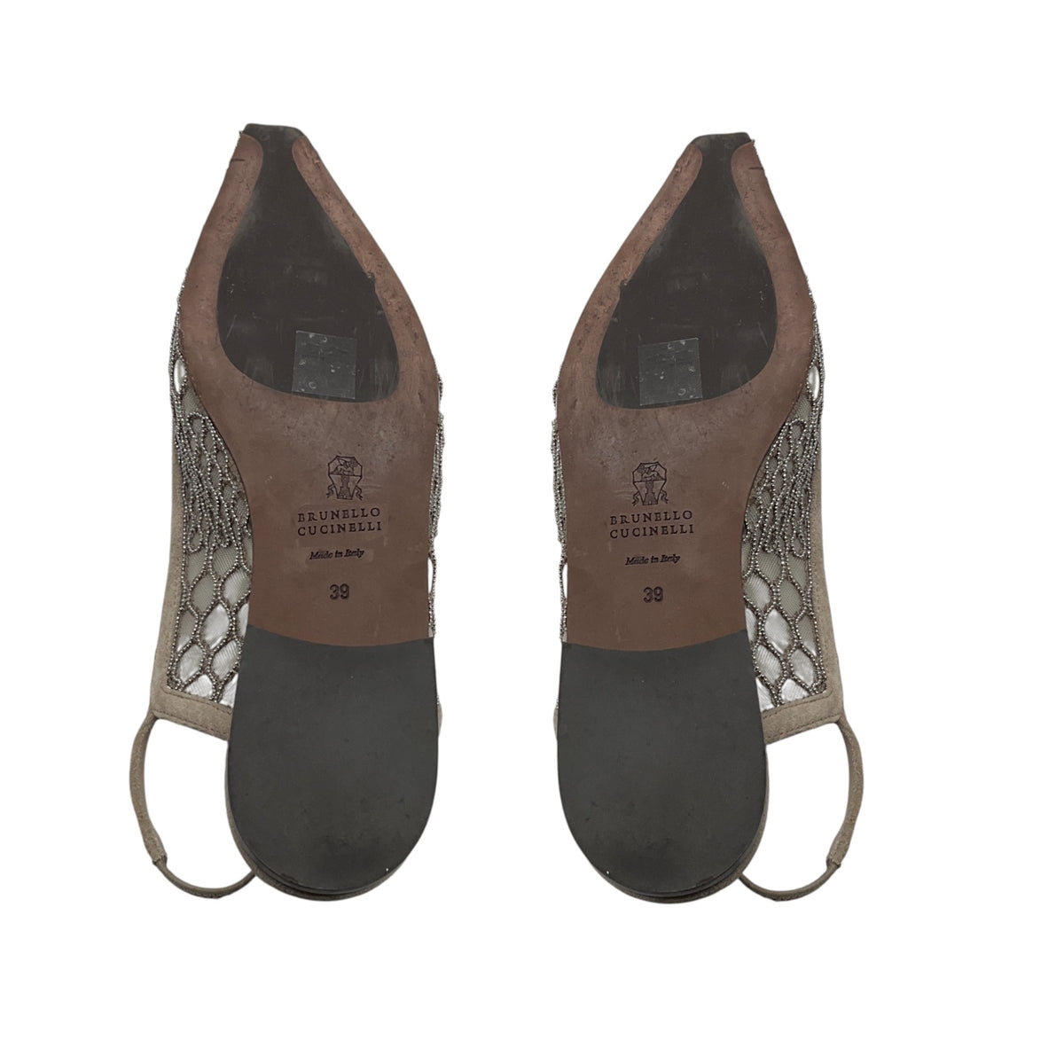 Brunello Cucinelli Taupe Monili Bead Embellished Mesh and Suede Slingback Flats