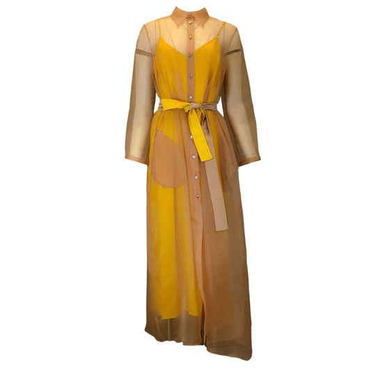 Mantu Nude / Yellow Satin Lined Sheer Organza Button-down Savannah Shirt Dress