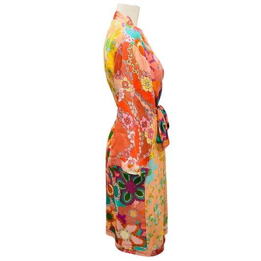 Zimmermann Orange Multi Floral Printed Linen Wrap Midi Dress
