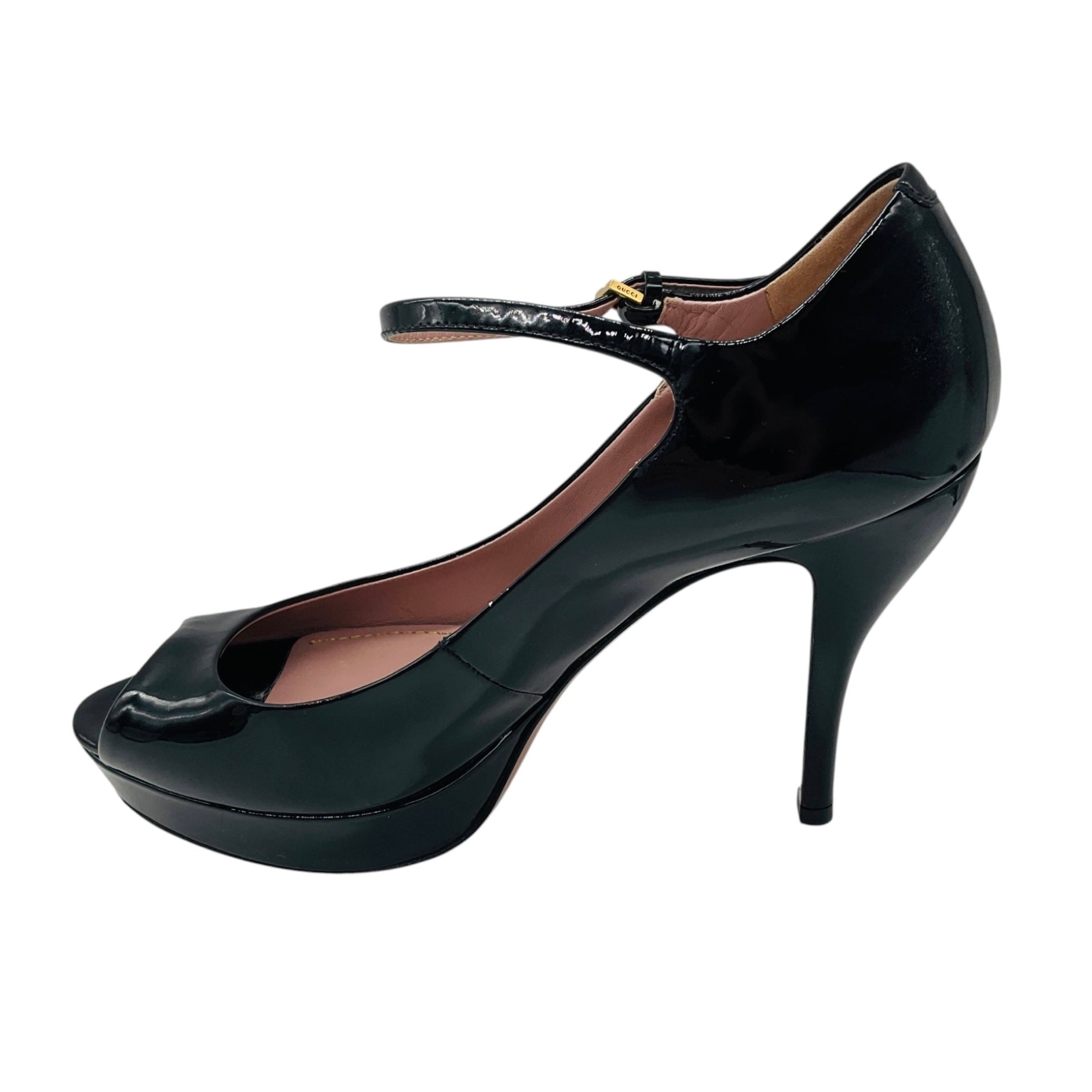 Gucci Black Open Toe Patent Leather Mary Jane Pumps