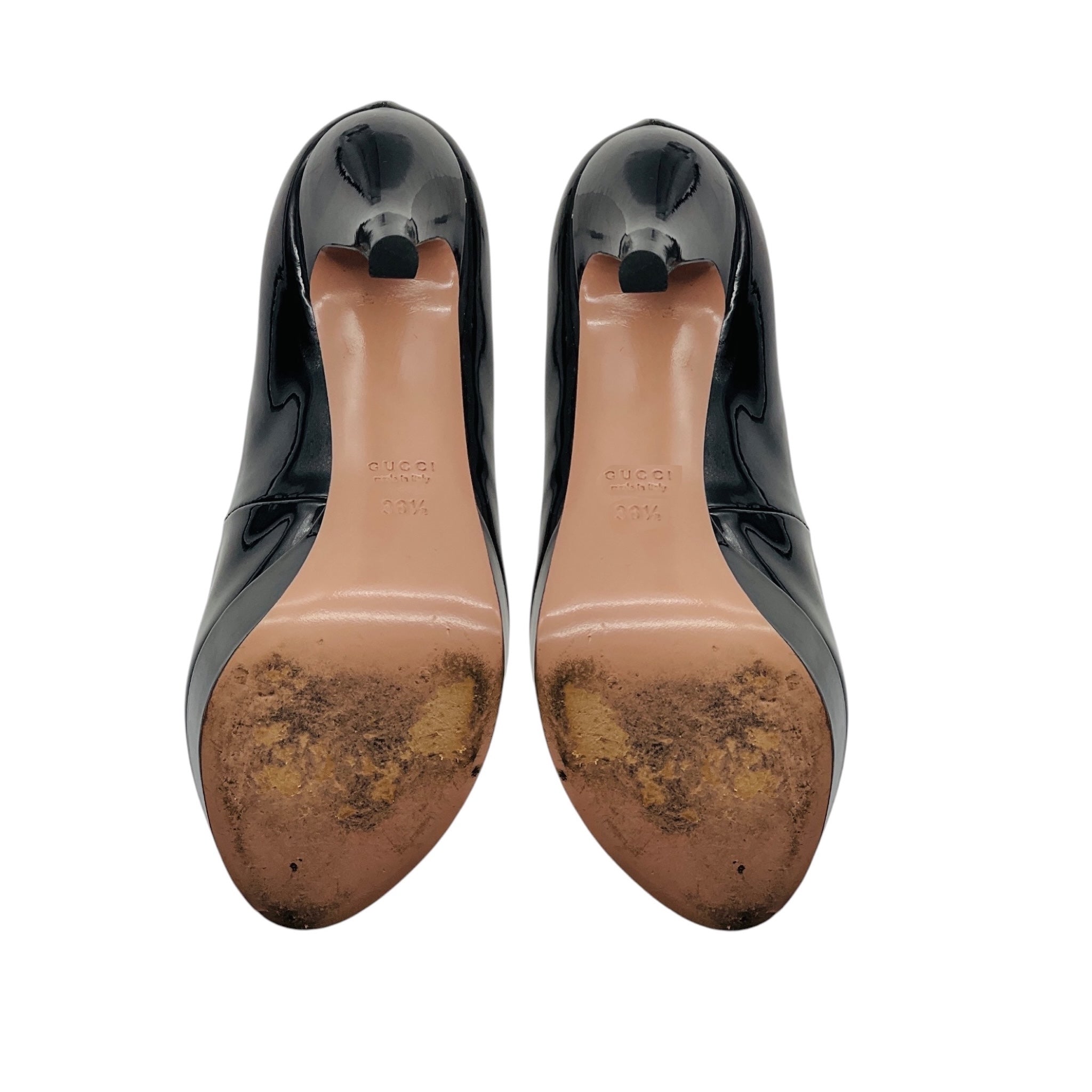 Gucci Black Open Toe Patent Leather Mary Jane Pumps