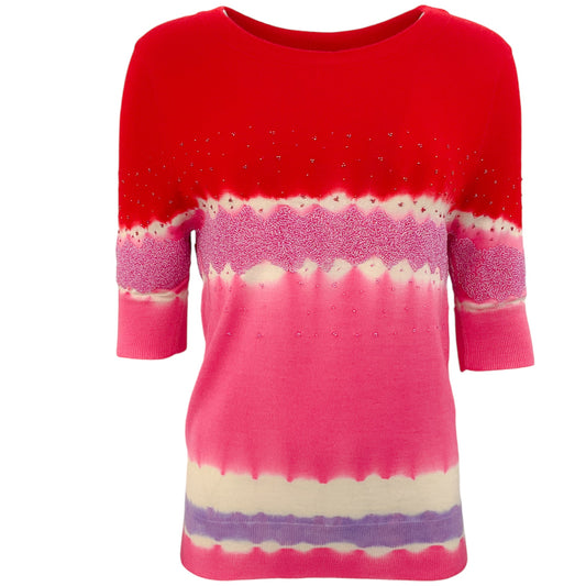 Prabal Gurung Red / Pink Beaded 3/4 Sleeve Sweater