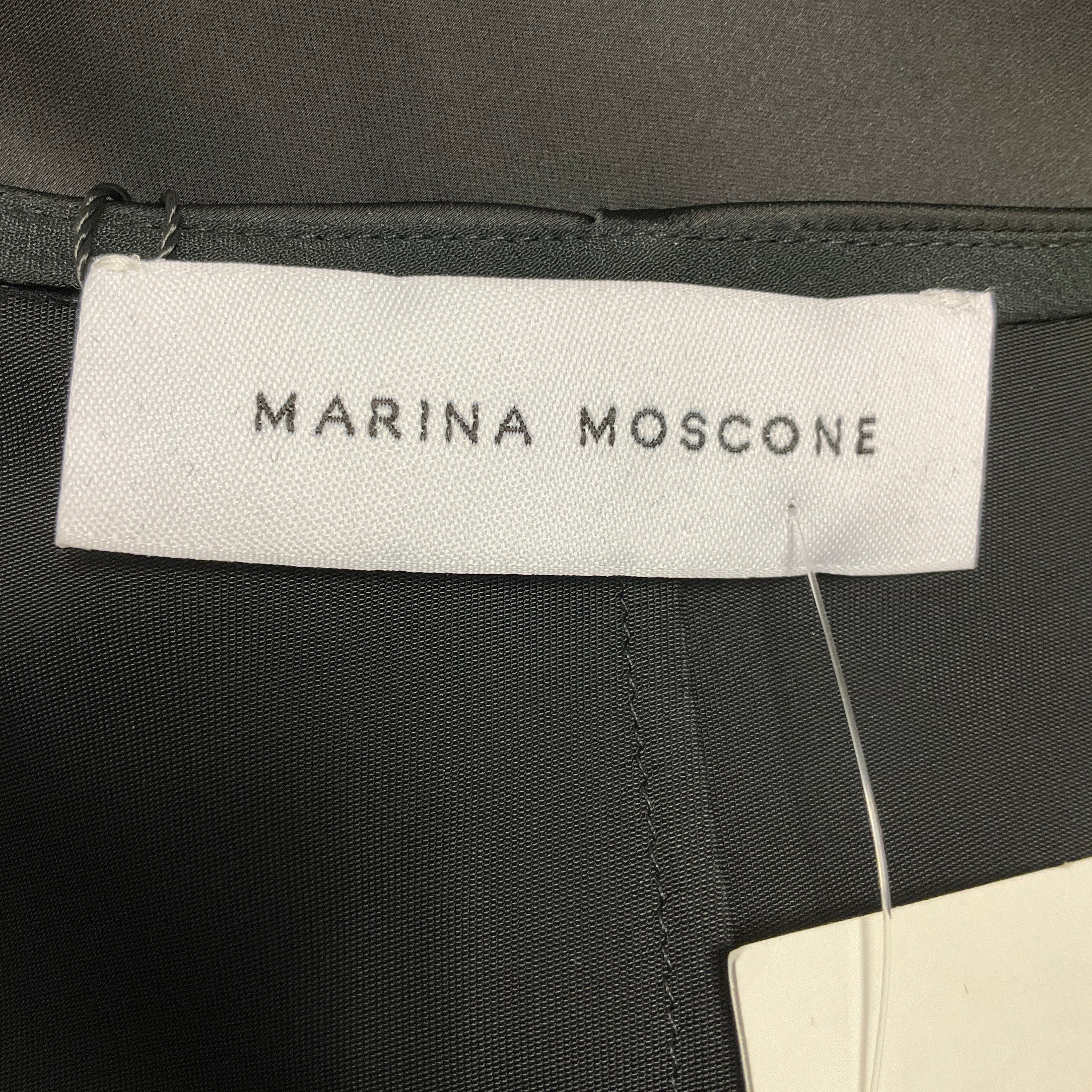 Marina Moscone Black Sleeveless Satin Maxi Dress with Gold Buttons and Chiffon Trim