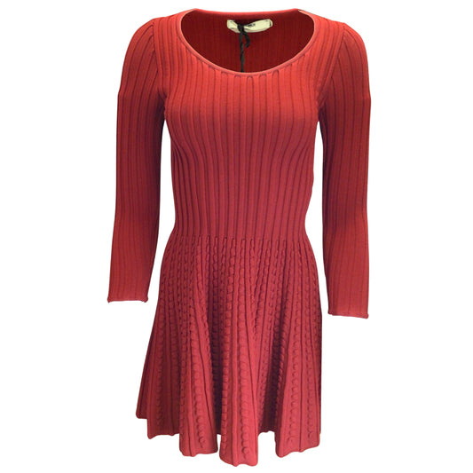 Fendi Burgundy Long Sleeved Scoop Neck Ribbed Knit Fitted and Flared Dress