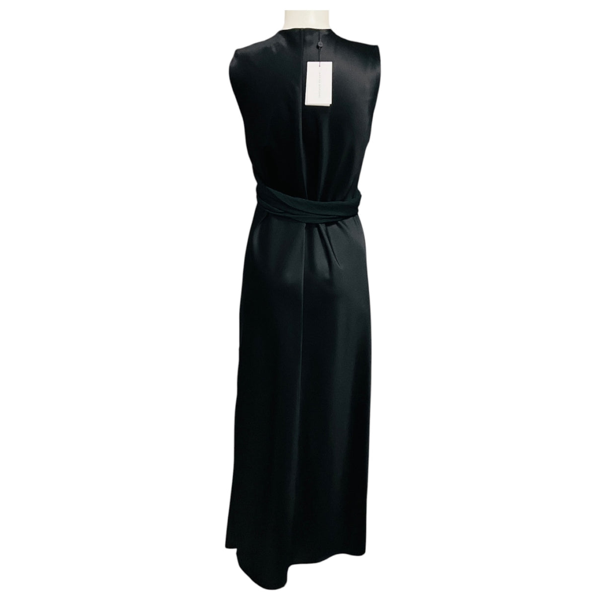 Marina Moscone Black Sleeveless Satin Maxi Dress with Gold Buttons and Chiffon Trim