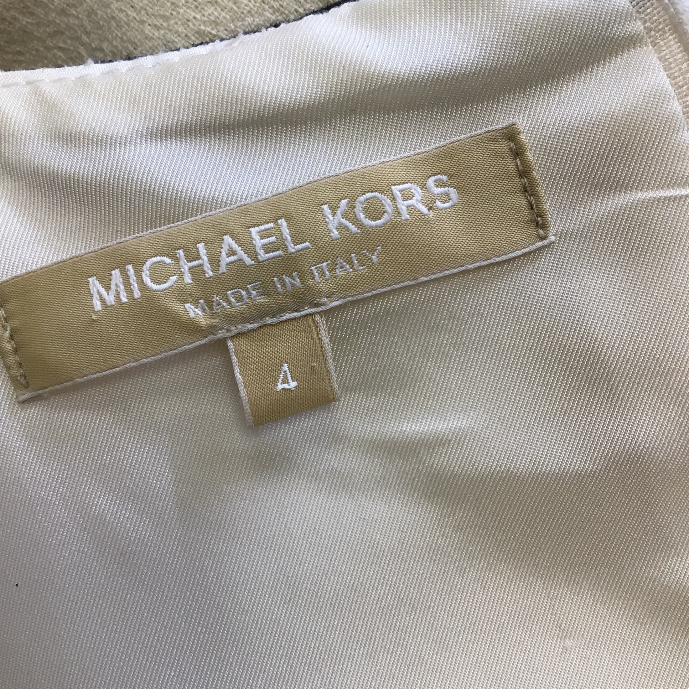 Michael Kors Ivory / Black Leather Trimmed Sleeveless Wool Crepe Dress