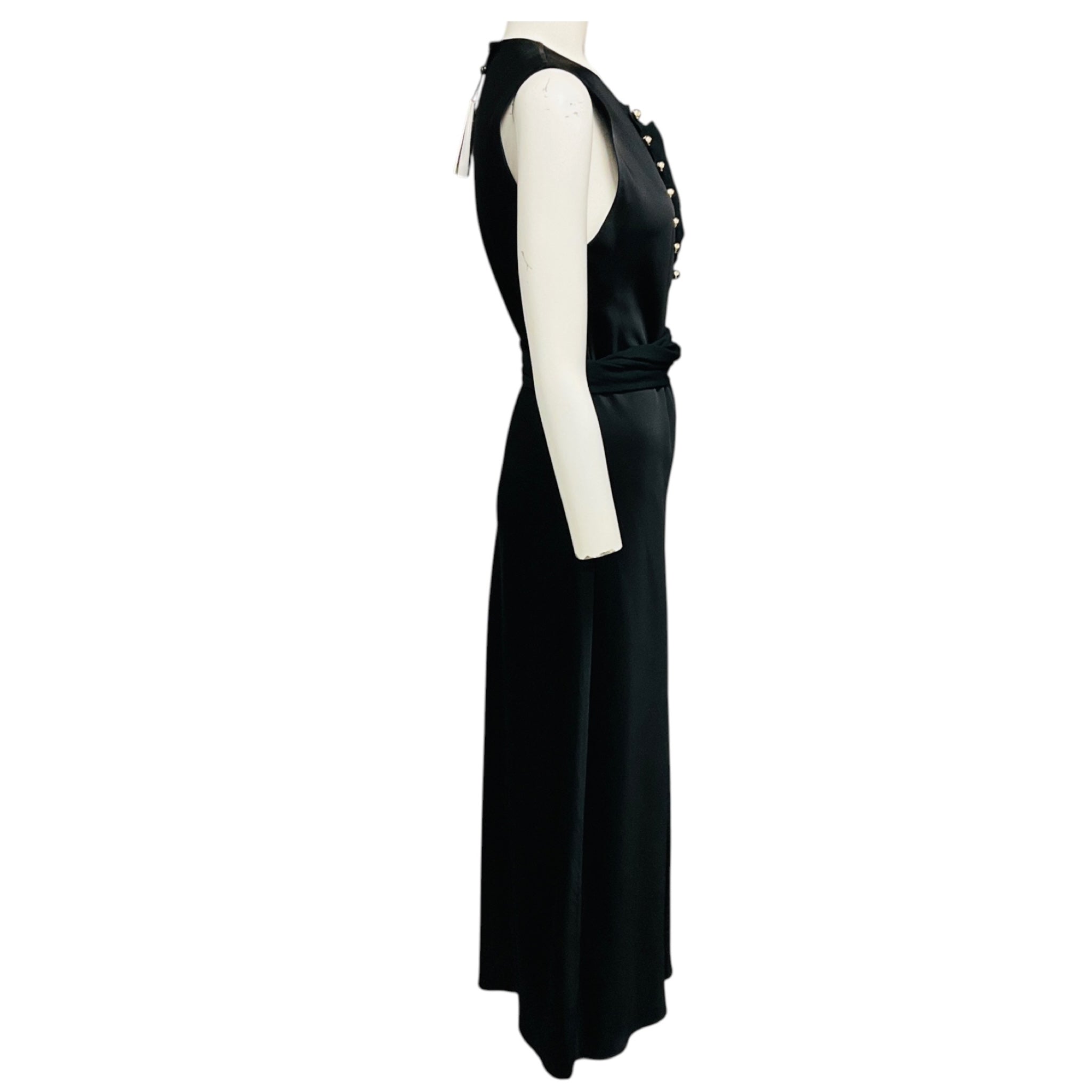 Marina Moscone Black Sleeveless Satin Maxi Dress with Gold Buttons and Chiffon Trim
