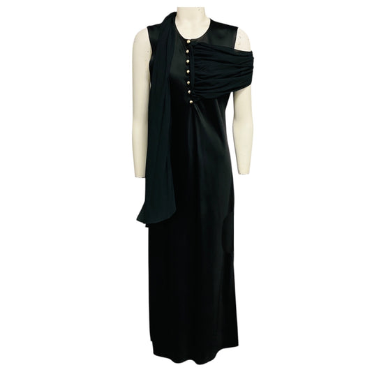 Marina Moscone Black Sleeveless Satin Maxi Dress with Gold Buttons and Chiffon Trim