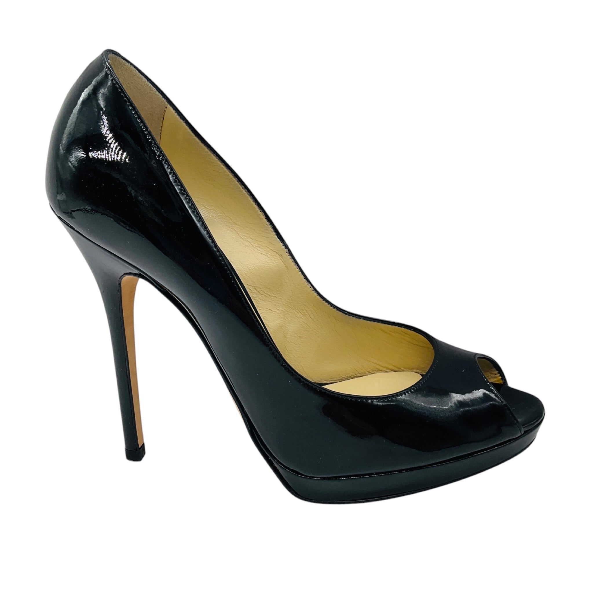 Jimmy Choo Black Patent Leather Open Toe Pumps