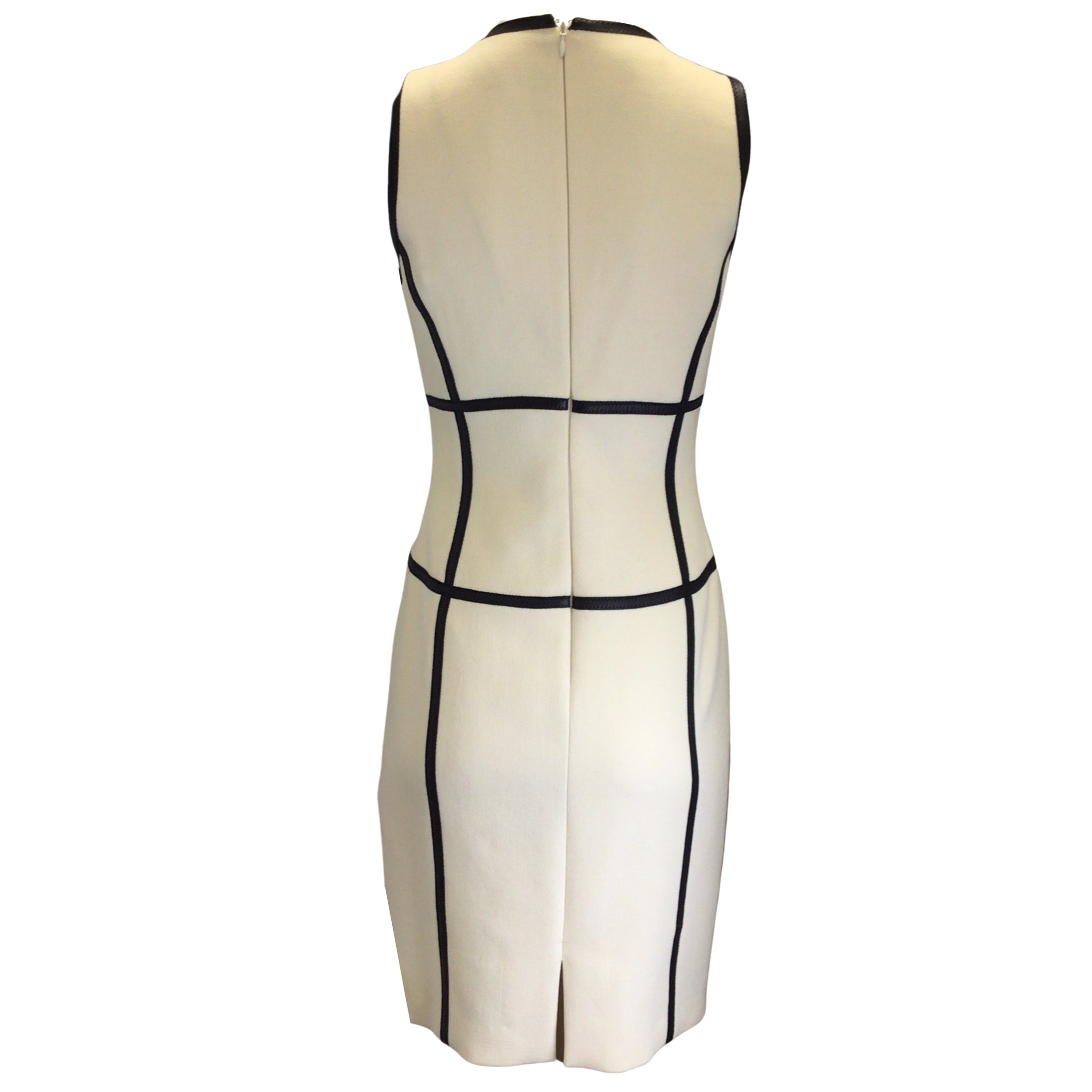 Michael Kors Ivory / Black Leather Trimmed Sleeveless Wool Crepe Dress