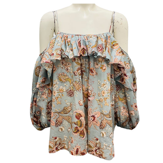 Zimmermann Slate Blue Multi Floral and Paisley Printed Cold Shoulder Cotton Top