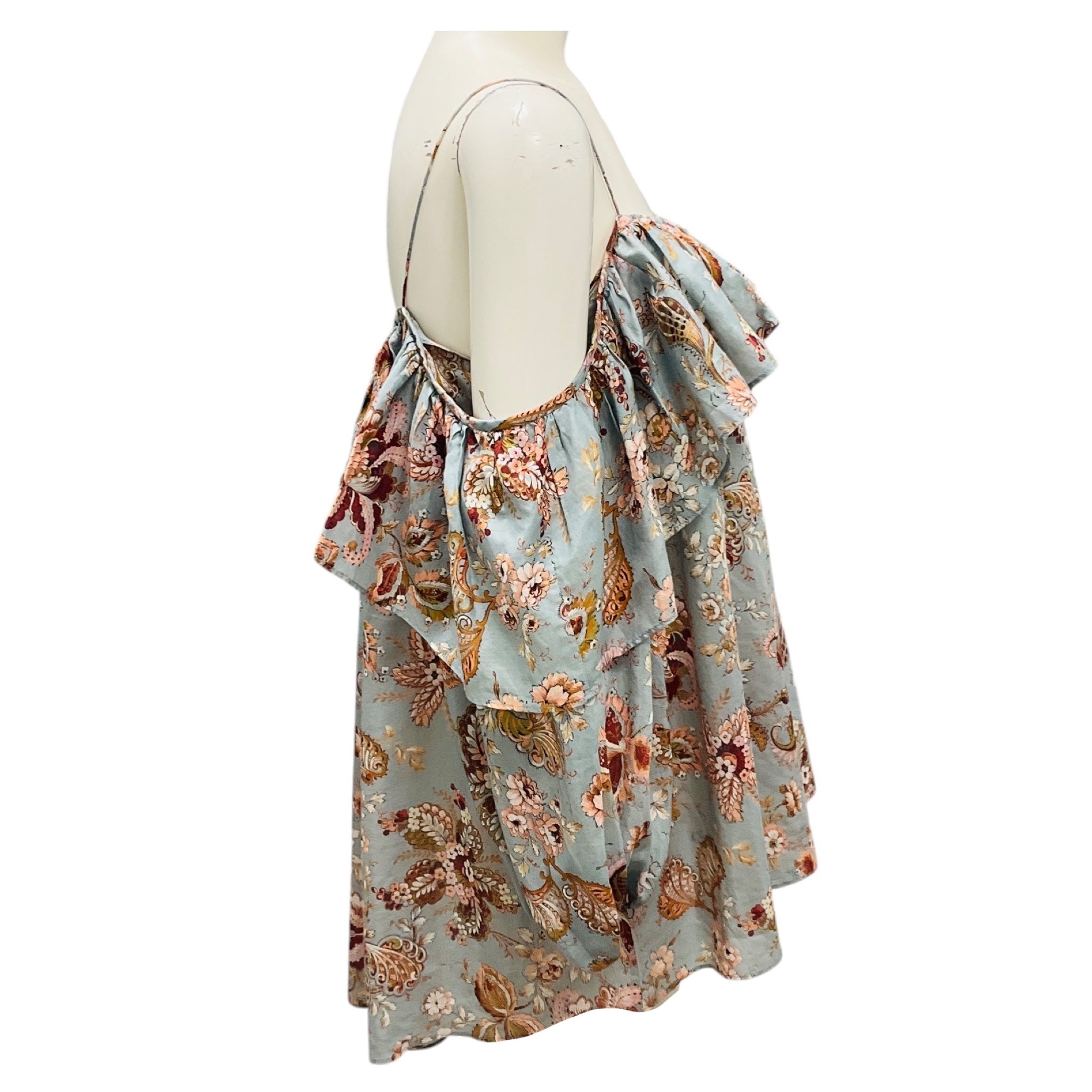 Zimmermann Slate Blue Multi Floral and Paisley Printed Cold Shoulder Cotton Top