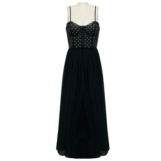 Alice + Olivia Black Embellished Quilted Leather and Chiffon Maxi Dress