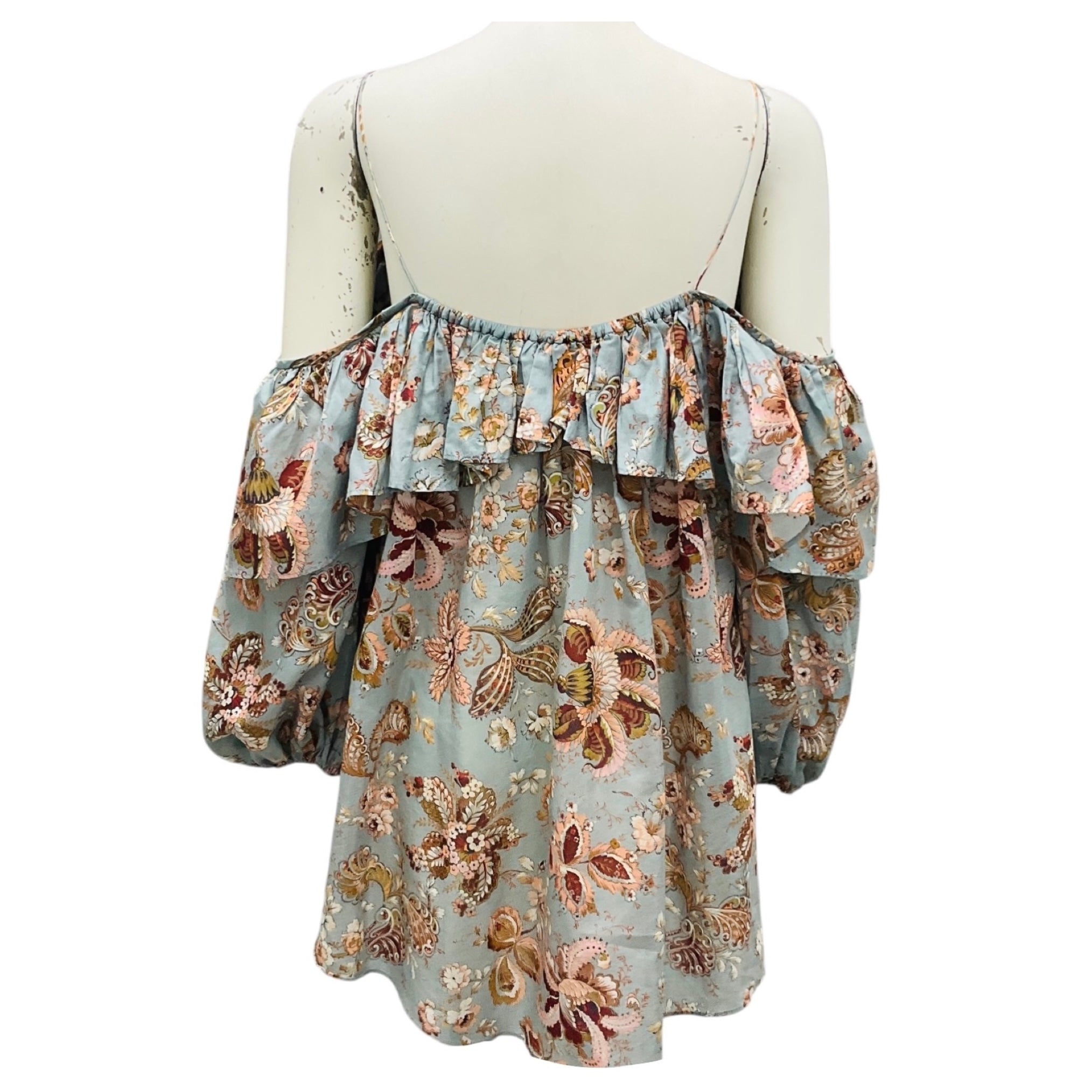 Zimmermann Slate Blue Multi Floral and Paisley Printed Cold Shoulder Cotton Top