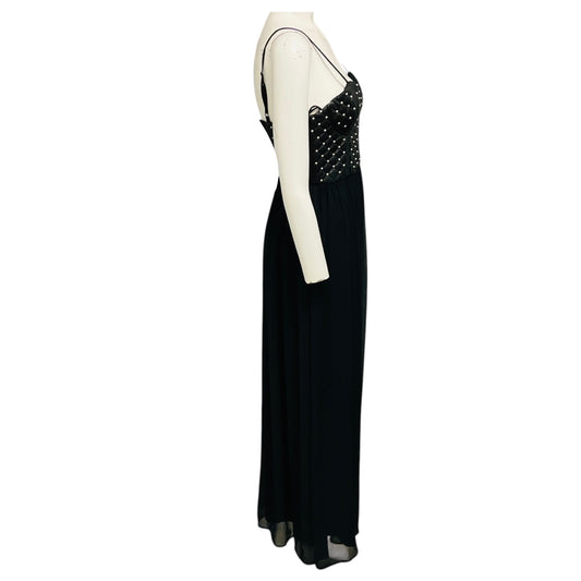 Alice + Olivia Black Embellished Quilted Leather and Chiffon Maxi Dress
