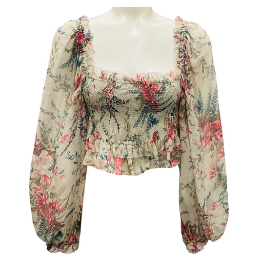 Zimmermann Taupe Multi Floral Printed Cropped Silk Top