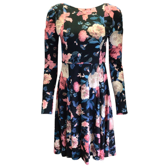 Erdem Martine Black / Pink / Blue Multi Floral Printed Long Sleeved Flared Jersey Dress