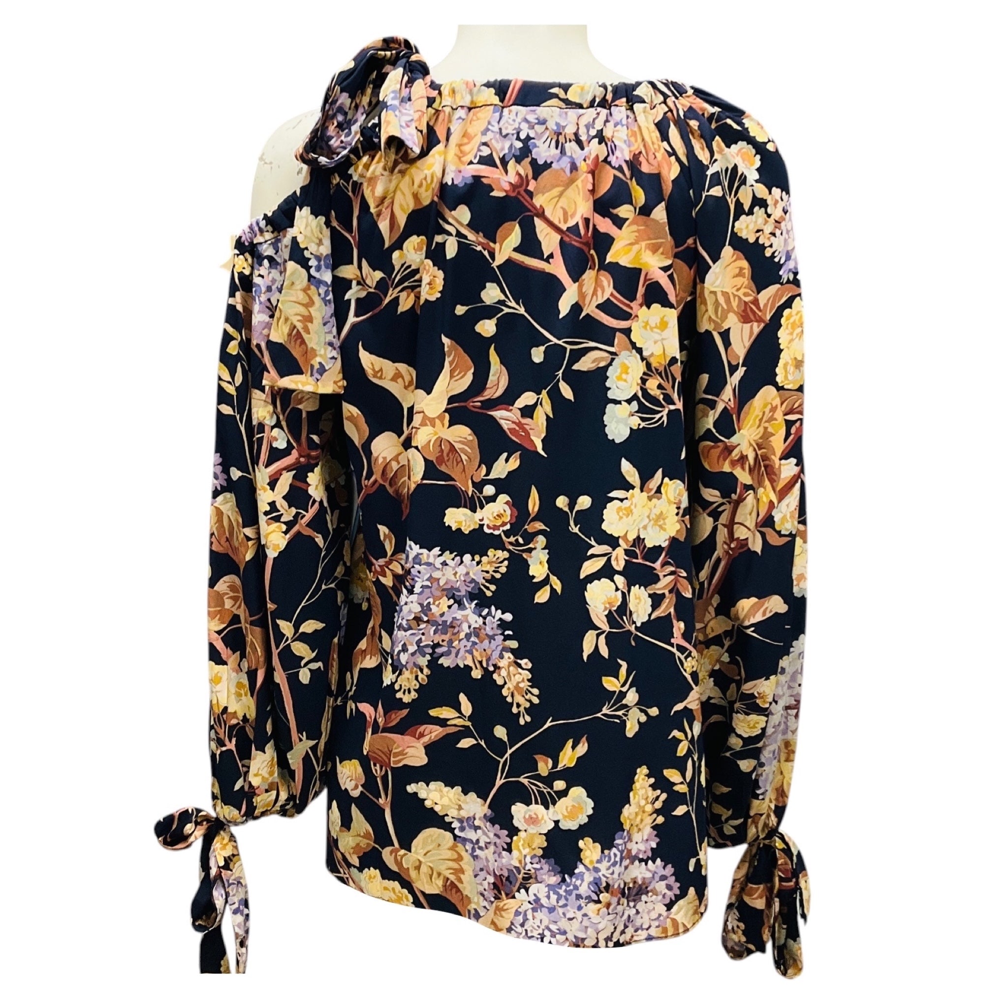 Zimmermann Navy Blue Multi Floral Printed Cold Shoulder Silk Top