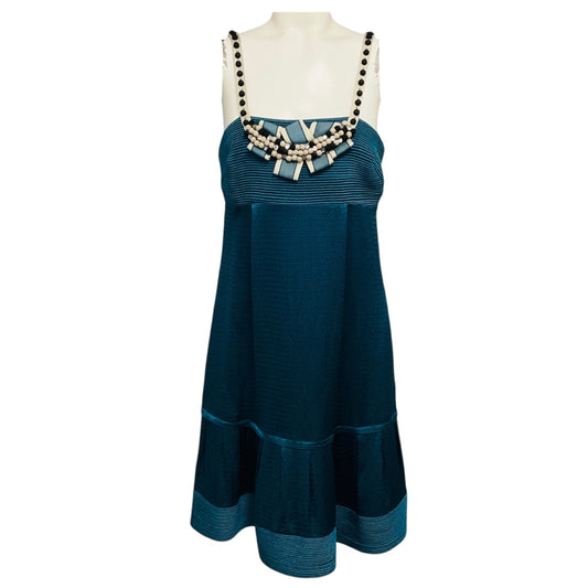 Lela Rose Teal Embellished Silk and Linen Cocktail Dress