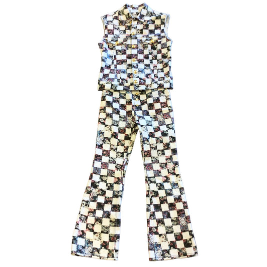 Giambattista Valli White / Black Multi Checkered Floral Print Denim Vest and Jeans Two-Piece Set