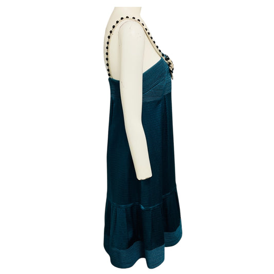 Lela Rose Teal Embellished Silk and Linen Cocktail Dress