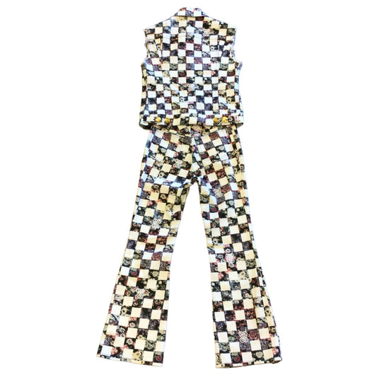 Giambattista Valli White / Black Multi Checkered Floral Print Denim Vest and Jeans Two-Piece Set