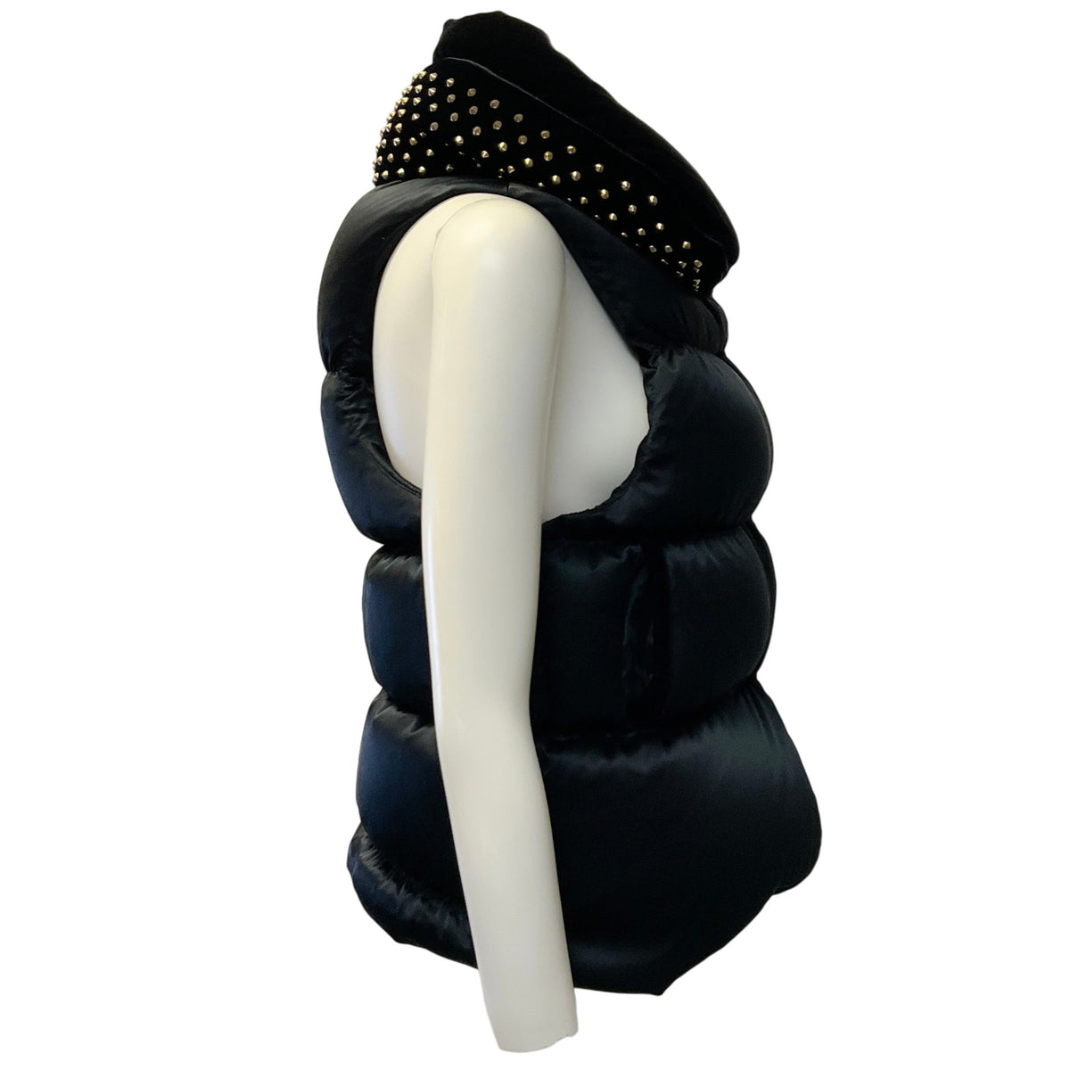 Thomas Wylde Black Silk Puffer Vest with Velvet Studded Collar