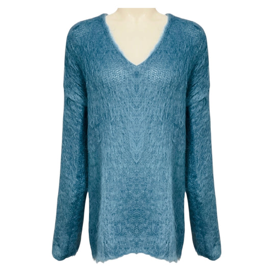 Rochas Slate Blue Mohair and Wool Knit Long Sleeved V-Neck Pullover Sweater